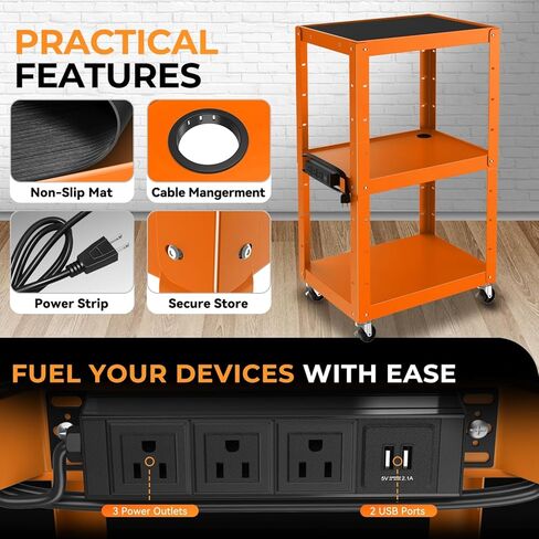 عربات العرض التقديرية Auto Dynasty Auto AV مع شريط الطاقة ، عربات AV للتخزين المتداول لجهاز عرض الفيديو ، التلفزيون ، الطابعات ، أجهزة الكمبيوتر المحمولة ، 4 عجلات ، سلك 4 بوصات ، 3 منافذ ، 2 منافذ USB (برتقالي) in Kuwait