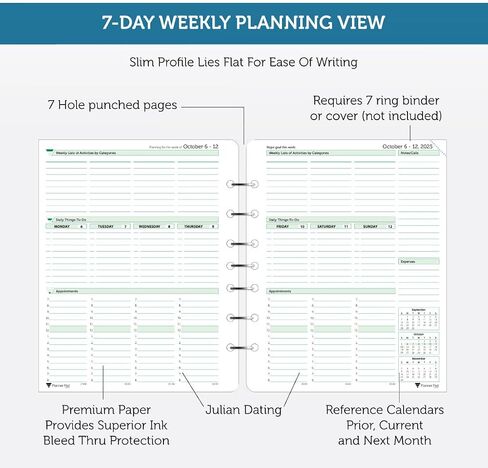 Planner Pad 7 Hole Leaf Leaf 3 Tier Downnel Down 12 Monts Organizer ، October 2025-September 2026 ، حبر أخضر ناعم ، 6 3/4 "× 8 1/2" in Kuwait