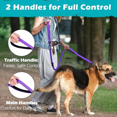 PetBonus Heavy Duty Tactical Dog Leash, 5 FT Bungee Shock Absorption Leash with 2 Padded Handles, Quick Release Metal Clip, Car Seatbelt, No Pull Training Lead for Large Medium Dogs (Black) in Kuwait