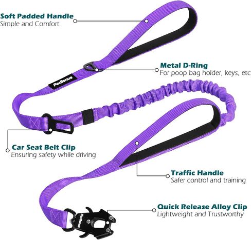 PetBonus Heavy Duty Tactical Dog Leash, 5 FT Bungee Shock Absorption Leash with 2 Padded Handles, Quick Release Metal Clip, Car Seatbelt, No Pull Training Lead for Large Medium Dogs (Black) in Kuwait