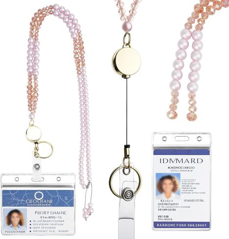 Retractable Beaded Lanyard for Keys & Badges - Natural Stone Bead, Stretchable Badge Reel with Handcrafted Sliding Knot, Multipurpose ID Holders for Teacher, Office and Cruise, Pearl PK in Saudi Arabia