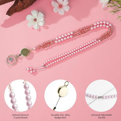 Retractable Beaded Lanyard for Keys & Badges - Natural Stone Bead, Stretchable Badge Reel with Handcrafted Sliding Knot, Multipurpose ID Holders for Teacher, Office and Cruise, Pearl PK in Saudi Arabia
