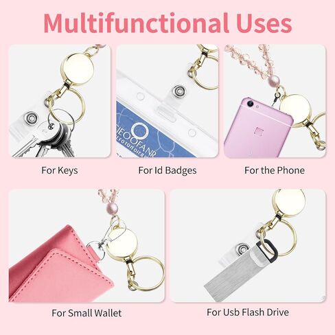 Retractable Beaded Lanyard for Keys & Badges - Natural Stone Bead, Stretchable Badge Reel with Handcrafted Sliding Knot, Multipurpose ID Holders for Teacher, Office and Cruise, Pearl PK in Saudi Arabia