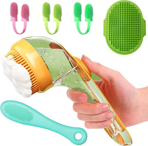 6Pcs Dog Bath Brush Set with Soap Dispenser - Cat Brush & Dog Toothbrush Kit | Silicone Pet Bathing Supplies for Washing, Shower & Shedding | Includes Finger Toothbrush, Scrubber for Small Breed in Kuwait