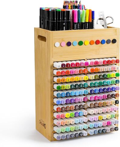 Marker Organizer for Desk - 154 Capacity Wooden Marker Holder - Ergonomic Handles - Additional Art Supply Storage Rack for 130 Alcohol Markers, Pens, and Pencils - Desktop Stand for Markers - Bamboo in Saudi Arabia