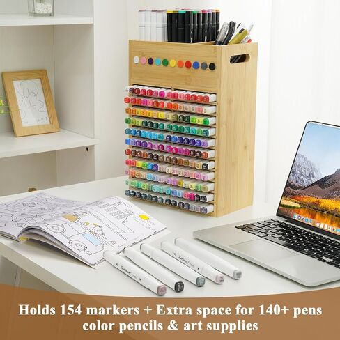 Marker Organizer for Desk - 154 Capacity Wooden Marker Holder - Ergonomic Handles - Additional Art Supply Storage Rack for 130 Alcohol Markers, Pens, and Pencils - Desktop Stand for Markers - Bamboo in Saudi Arabia