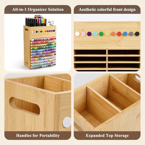 Marker Organizer for Desk - 154 Capacity Wooden Marker Holder - Ergonomic Handles - Additional Art Supply Storage Rack for 130 Alcohol Markers, Pens, and Pencils - Desktop Stand for Markers - Bamboo in Saudi Arabia