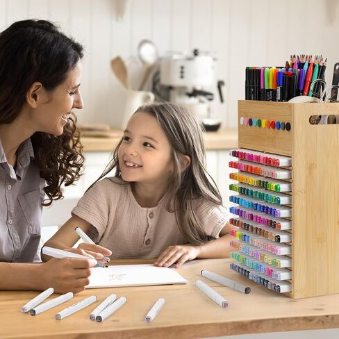 Marker Organizer for Desk - 154 Capacity Wooden Marker Holder - Ergonomic Handles - Additional Art Supply Storage Rack for 130 Alcohol Markers, Pens, and Pencils - Desktop Stand for Markers - Bamboo in Saudi Arabia