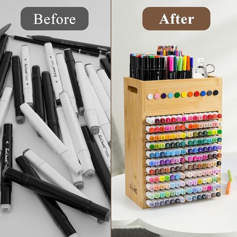 Marker Organizer for Desk - 154 Capacity Wooden Marker Holder - Ergonomic Handles - Additional Art Supply Storage Rack for 130 Alcohol Markers, Pens, and Pencils - Desktop Stand for Markers - Bamboo in Saudi Arabia