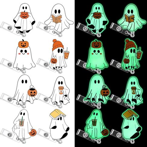 8 PCS Halloween Glow in the Dark Ghost Badge Cenly Retractable Ghost ID حامل شارة مع مقطع التمساح الرعب Spooky Namein in Saudi Arabia