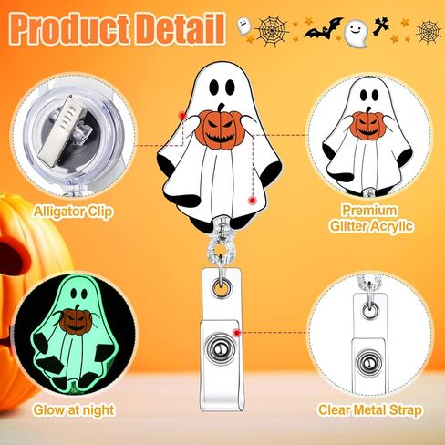 8 PCS Halloween Glow in the Dark Ghost Badge Cenly Retractable Ghost ID حامل شارة مع مقطع التمساح الرعب Spooky Namein in Saudi Arabia