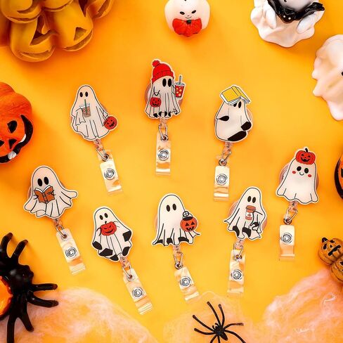 8 PCS Halloween Glow in the Dark Ghost Badge Cenly Retractable Ghost ID حامل شارة مع مقطع التمساح الرعب Spooky Namein in Saudi Arabia