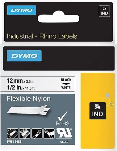 DYMO 18488 Rhino Flexible Nylon Industrial Label Tape, 1/2-Inch x 11 1/2 ft, White/Black Print in Saudi Arabia