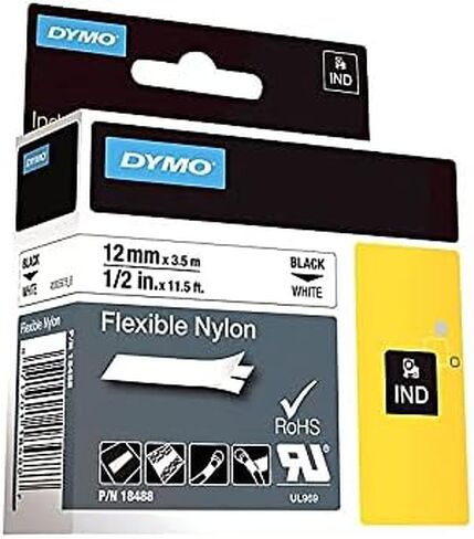 DYMO 18488 Rhino Flexible Nylon Industrial Label Tape, 1/2-Inch x 11 1/2 ft, White/Black Print in Saudi Arabia