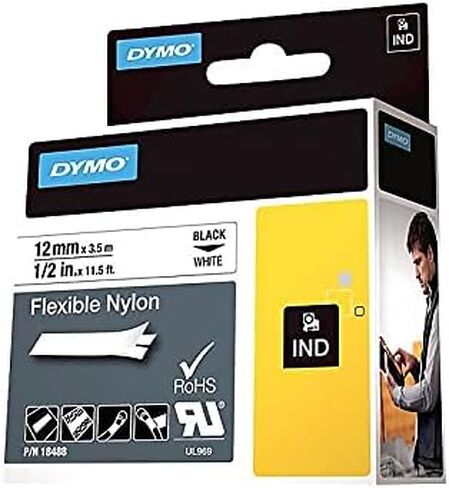 DYMO 18488 Rhino Flexible Nylon Industrial Label Tape, 1/2-Inch x 11 1/2 ft, White/Black Print in Saudi Arabia