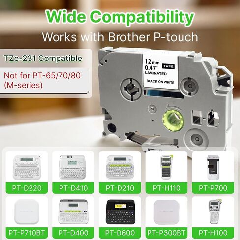 Label Maker Tape Compatible with Brother P Touch TZe-231, 12mm 0.47 White Laminated Roll, Durable Refills for Brother Devices, Works with Label Maker Machine with Tape and Label Printer, 2-Pack in Saudi Arabia