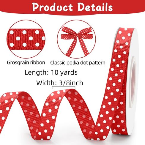 Polka Dot Red Ribbon 3/8 Inch 10 Yards Red with White Dots Ribbons for Crafts Grosgrain Ribbon for Gift Wrapping Flower Bouquet DIY Sewing Hair Bows Christmas Wedding Birthday Party Decorations in Kuwait
