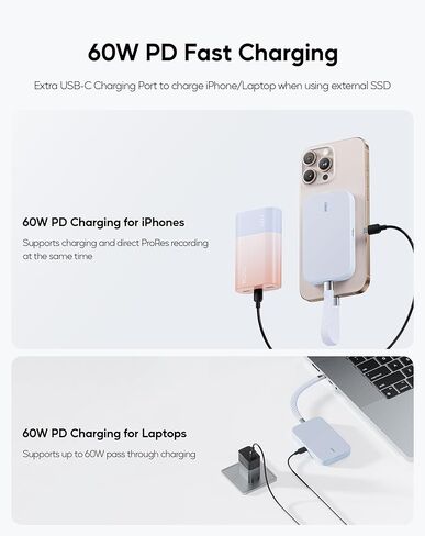 حاوية SSD مغناطيسية لهاتف iPhone 15 Pro/Max ProRes، M.2 2230/42/60/80 SSD إلى USB C، تدعم بيانات 10 جيجابت في الثانية، وشحن PD 60 وات وقارئ SSD للصوت/الميكروفون NVMe مقاس 3.5 مم (SSD غير متضمن) in Kuwait