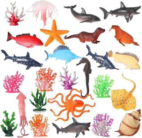 Sratte 26 Pcs Ocean Animals Figures Diorama Kit, Plastic Sea Creatures Model Toys Shark Jellyfish Dolphin Ocean Habitat Diorama Supplies for Back to School Gift Educational Learning Birthday Gift in Saudi Arabia
