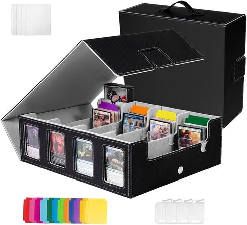 مربع تخزين بطاقات التداول لبطاقات MTG TCG Magic ، صندوق سطح السفينة من 4 صفوف مع عرض القائد ، 3200+ حالة سطح السفينة مع مقبض محمول و 4 دعامات و 24 مقسمات و 1 صينية الزهر (Black & Blue) in Saudi Arabia