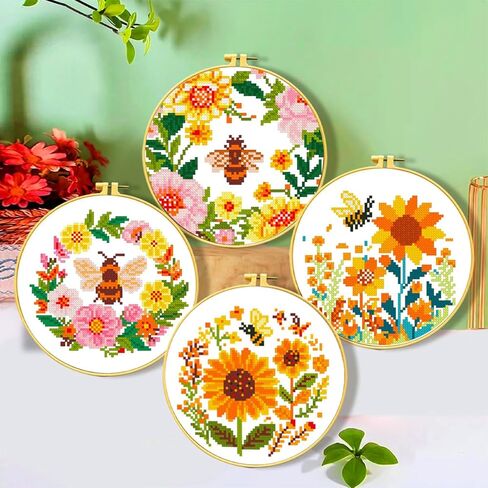 Zhenqing Bee & Flower Garden Cross Stitch Kit for Beginners - 4 Pre-Printed Designs with Hoop, Threads & Complete Tools(68059) in Saudi Arabia
