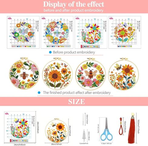 Zhenqing Bee & Flower Garden Cross Stitch Kit for Beginners - 4 Pre-Printed Designs with Hoop, Threads & Complete Tools(68059) in Saudi Arabia