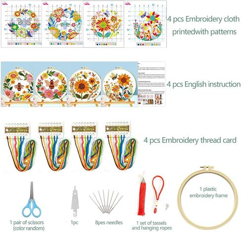 Zhenqing Bee & Flower Garden Cross Stitch Kit for Beginners - 4 Pre-Printed Designs with Hoop, Threads & Complete Tools(68059) in Saudi Arabia