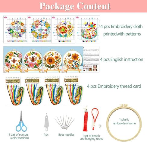 Zhenqing Bee & Flower Garden Cross Stitch Kit for Beginners - 4 Pre-Printed Designs with Hoop, Threads & Complete Tools(68059) in Saudi Arabia
