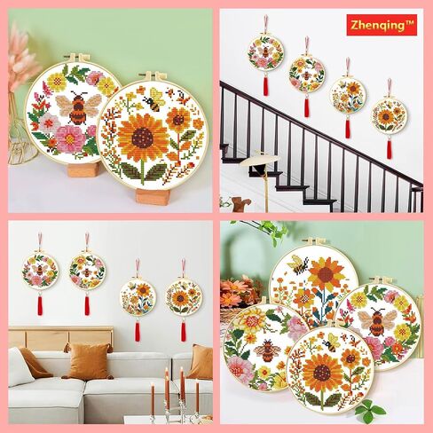 Zhenqing Bee & Flower Garden Cross Stitch Kit for Beginners - 4 Pre-Printed Designs with Hoop, Threads & Complete Tools(68059) in Saudi Arabia