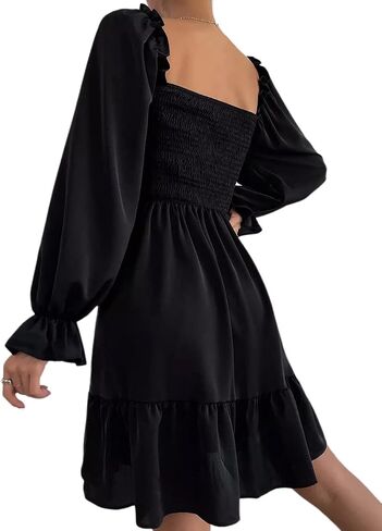 Pasgreson Women's Square Neck Long Puff Sleeve Dress A Line Flowy Short Mini Dress in Saudi Arabia