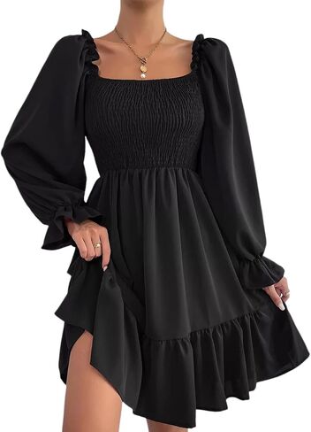 Pasgreson Women's Square Neck Long Puff Sleeve Dress A Line Flowy Short Mini Dress in Saudi Arabia