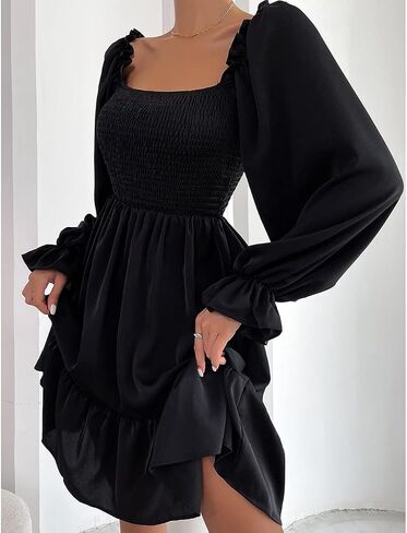 Pasgreson Women's Square Neck Long Puff Sleeve Dress A Line Flowy Short Mini Dress in Saudi Arabia
