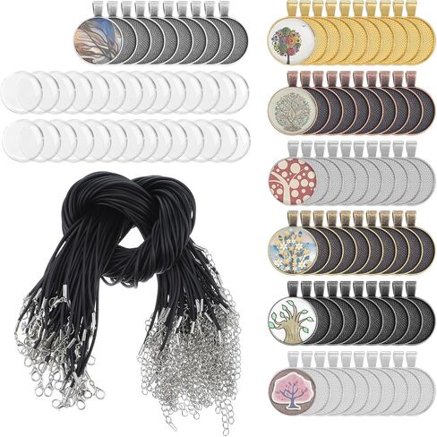 Meyeyaia 210Pcs Pendant Trays Kit Round Pendant Bezel Charms with Glass Cabochon and Necklaces Cords Set for Homemade Photo Necklace Resin Jewelry Making DIY Crafts 7 Color in Saudi Arabia