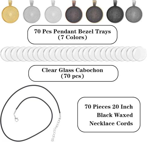 Meyeyaia 210Pcs Pendant Trays Kit Round Pendant Bezel Charms with Glass Cabochon and Necklaces Cords Set for Homemade Photo Necklace Resin Jewelry Making DIY Crafts 7 Color in Saudi Arabia