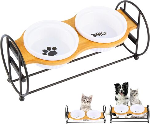 Elevated Adjustable Cat Bowl Set with 2 Dishes for Cats & Puppy - Anti-Vomiting,15° Tilted and Rasied Bowls with Non-Slip Design, Food-Grade Ceramic, Easy to Clean in Saudi Arabia