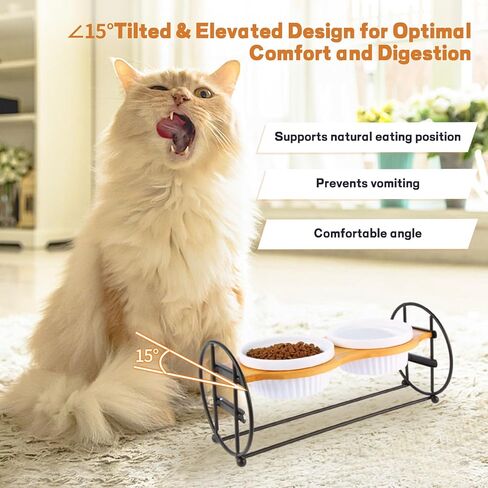 Elevated Adjustable Cat Bowl Set with 2 Dishes for Cats & Puppy - Anti-Vomiting,15° Tilted and Rasied Bowls with Non-Slip Design, Food-Grade Ceramic, Easy to Clean in Saudi Arabia