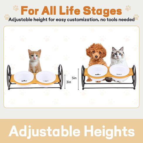 Elevated Adjustable Cat Bowl Set with 2 Dishes for Cats & Puppy - Anti-Vomiting,15° Tilted and Rasied Bowls with Non-Slip Design, Food-Grade Ceramic, Easy to Clean in Saudi Arabia