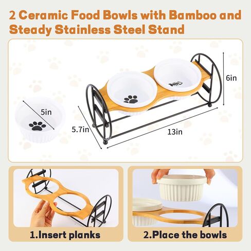 Elevated Adjustable Cat Bowl Set with 2 Dishes for Cats & Puppy - Anti-Vomiting,15° Tilted and Rasied Bowls with Non-Slip Design, Food-Grade Ceramic, Easy to Clean in Saudi Arabia