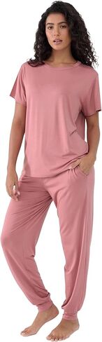 Joyaria Women's Bamboo Viscose Pajamas Short Sleeve Round Neck Top & Jogger Pajama Pants with Pocket in Kuwait