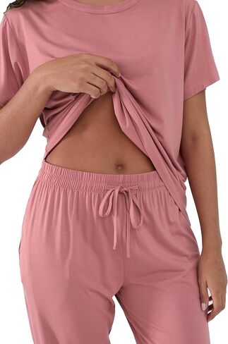 Joyaria Women's Bamboo Viscose Pajamas Short Sleeve Round Neck Top & Jogger Pajama Pants with Pocket in Kuwait