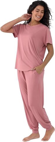 Joyaria Women's Bamboo Viscose Pajamas Short Sleeve Round Neck Top & Jogger Pajama Pants with Pocket in Kuwait