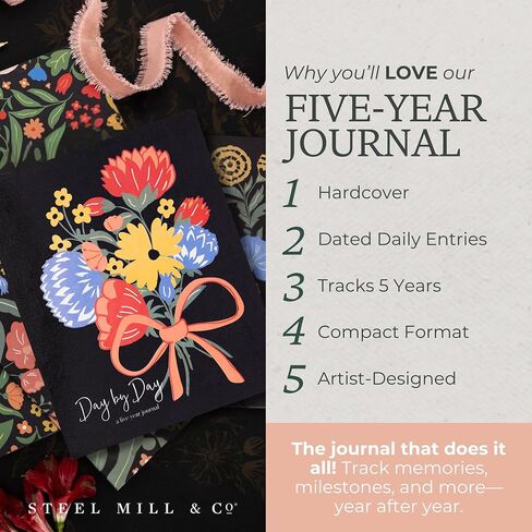 Journal Mill & Co 5 سنوات من أجل التأمل اليومي والعقل ، خط واحد لذاكرة دفتر اليومية ، 8.5 × 7.5 بوصة اليومية ، مجلة الامتنان للنساء (Wanderlust Bouquet) in Saudi Arabia