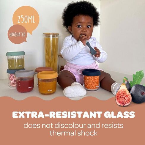 4 عبوات من برطمانات طعام الأطفال الزجاجية من بيابا، مجمدة، معقمة، وآمنة للاستخدام في غسالة الأطباق، برطمانات تخزين طعام الأطفال سعة 8 أونصة مع غطاء محكم من السيليكون، شروق الشمس in Kuwait