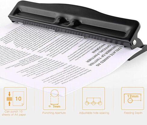 Akozon 3 Hole Adjustable Heavy-Duty Hole Punch, Black, Minimalist Style, Punctures Up to 10 Sheets, Metal Body, Iron Handle in Saudi Arabia