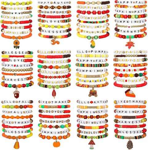 96 Pcs Fall Bracelets Set Fall Inspirational Friendship Bracelets Bulk Autumn Maple Leaf Pumpkin Charm Stretch Adjustable Flat Beaded Jewelry for Friend Thanksgiving Party Favors Gifts in Saudi Arabia