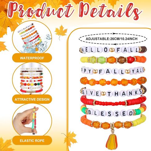 96 Pcs Fall Bracelets Set Fall Inspirational Friendship Bracelets Bulk Autumn Maple Leaf Pumpkin Charm Stretch Adjustable Flat Beaded Jewelry for Friend Thanksgiving Party Favors Gifts in Saudi Arabia