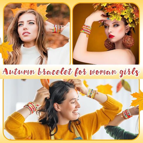 96 Pcs Fall Bracelets Set Fall Inspirational Friendship Bracelets Bulk Autumn Maple Leaf Pumpkin Charm Stretch Adjustable Flat Beaded Jewelry for Friend Thanksgiving Party Favors Gifts in Saudi Arabia