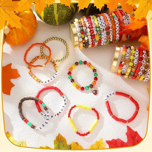 96 Pcs Fall Bracelets Set Fall Inspirational Friendship Bracelets Bulk Autumn Maple Leaf Pumpkin Charm Stretch Adjustable Flat Beaded Jewelry for Friend Thanksgiving Party Favors Gifts in Saudi Arabia