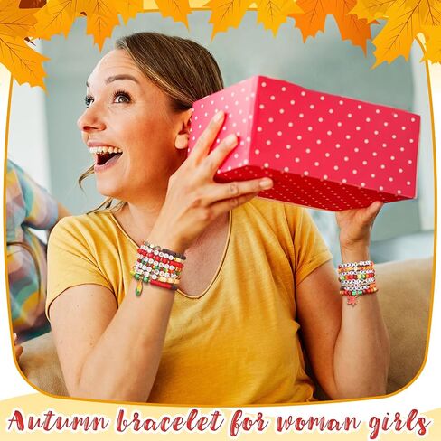 96 Pcs Fall Bracelets Set Fall Inspirational Friendship Bracelets Bulk Autumn Maple Leaf Pumpkin Charm Stretch Adjustable Flat Beaded Jewelry for Friend Thanksgiving Party Favors Gifts in Saudi Arabia