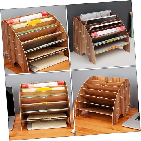 1Pc Fan Shaped Wooden Book Rack Office Storage Shelf for Files Multi Compartment Design for Study and Workspace Organization Cherry Finish in Saudi Arabia